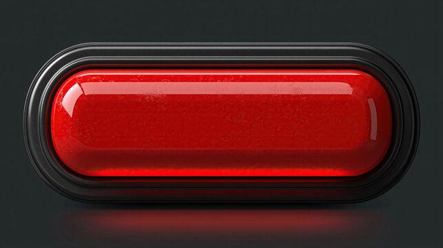 Large glossy textured red push button with black border frame on dark grey background for click action and alert interface design concept