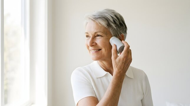 Smiling senior woman applying skincare massager roller on face for healthy aging treatment