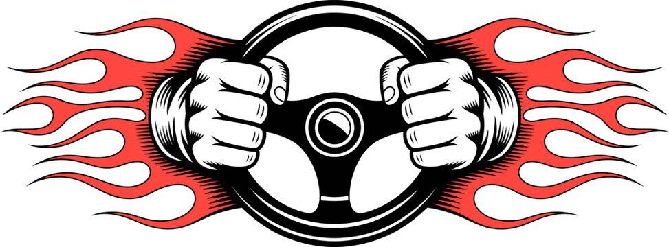 Black and white of hands gripping a steering wheel with red flames bursting outwards on a white background 