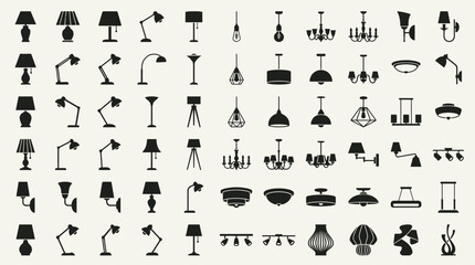 Naklejka premium Large collection of lamp and lighting fixture silhouettes.