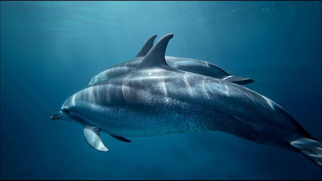 Two Dolphins Swimming Gracefully Underwater in Deep Blue Ocean.