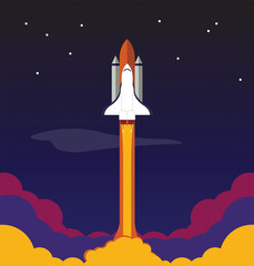 Space shuttle rocket launch flat illustration with stars and clouds © AAUB