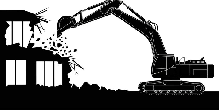 Black silhouette of a tracked excavator demolishing a building with debris flying. excavator, demolition