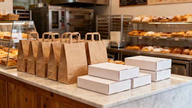 Local small business scene featuring paper bags unbranded boxes bakery inde