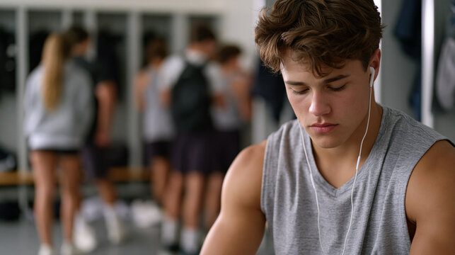 Athletic teenage boy sitting in a locker room after practice, head hung, earbuds in, listening to a guided anxiety relief audio, teammates visible in background heading out, private mental health mo