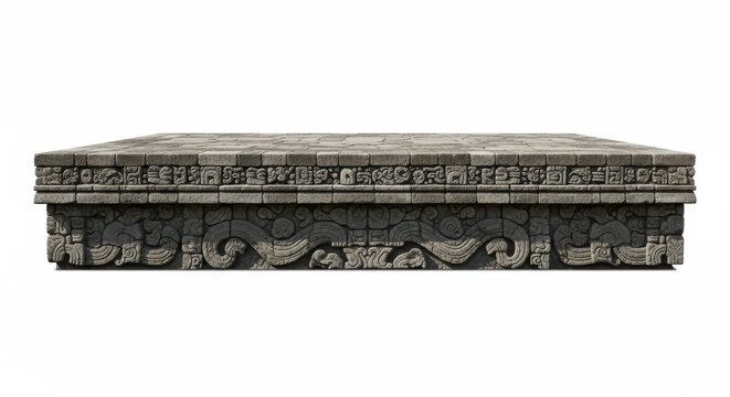 Ancient Aztec Stone Altar Pedestal with Carvings Isolated on White