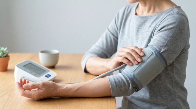 血圧計で血圧を測定するシニア女性　自宅での健康管理とライフスタイル