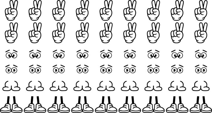 Cartoon hands giving peace signs, cartoon eyes, cartoon noses and cartoon legs with shoes on a white background