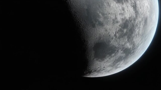A partial view of a textured celestial body illuminated in the dark expanse of space