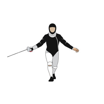 Fencer in protective gear with sword, ready for duel on white background.