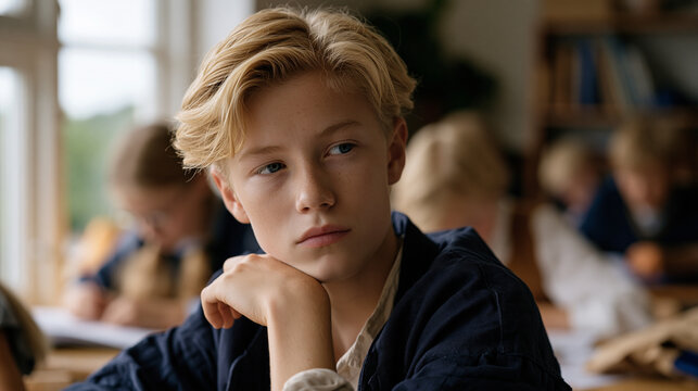 Twelve-year-old sits alone at a classroom desk surrounded by students working on basic arithmetic, staring out the window with an expression mixing acute boredom and quiet frustration, a gifted chil