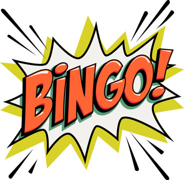 Bingo starburst logo in bold comic style with bright red lettering on white burst shape and yellow accents. Dynamic vector bingo icon for lottery, lotto, casino posters and game branding