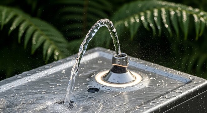Close-up of a public drinking fountain with water flowing in a park setting.