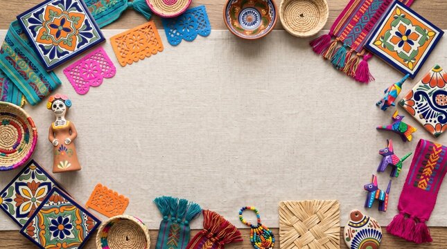 Mexican cultural items arranged as a frame on a rustic linen background