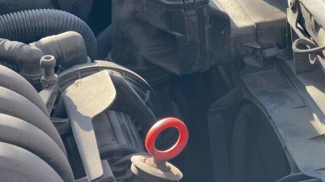 Running gasoline engine vibrates inside an older car, close-up of the dusty intake system and oil dipstick, automotive repair, mechanical maintenance.