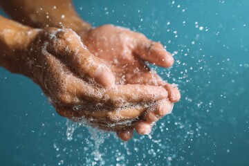 Fototapeta premium Two Hands Holding Soapy Foam Under Running Water In Blue Light bubbles