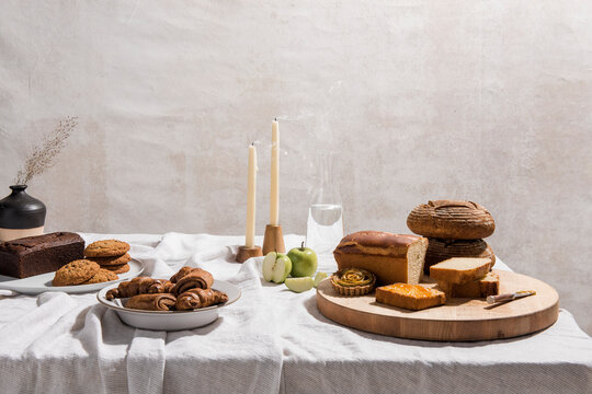 Tablescape with breads and pastries