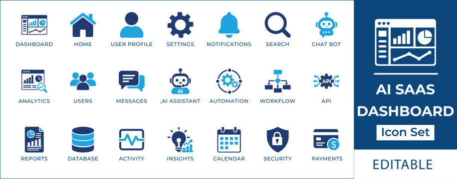 AI SaaS dashboard icon set featuring software interface analytics, artificial intelligence chatbot, system configuration, data automation workflow, and api integration symbols.