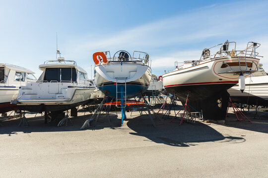 Row of Sailboats on Dry Dock for Maintenance