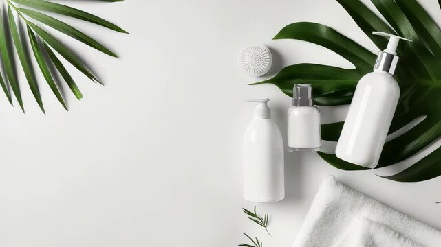 A clean, minimalist product shot featuring skincare and beauty items arranged with natural green foliage. Items include white pump bottles, a face brush, and a soft white towel. Great for beauty ads.