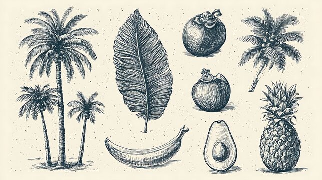 Set of exotic tropical fruits and palm trees sketch isolated on white background