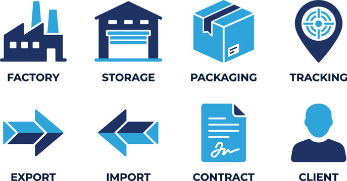Industrial factory building with storage warehouse and tracking service icon set for packaging of products.
