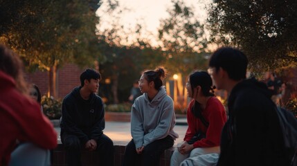 Fototapeta premium Group of Friends Engaging in Conversation at Sunset in Park