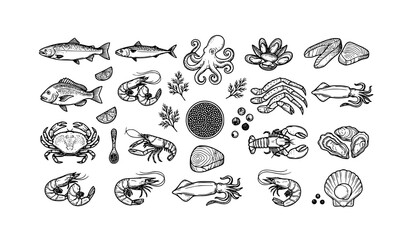 Obraz premium Black Seafood Outline Collection with Fish Shrimp Crab Squid and Caviar Vector Icons