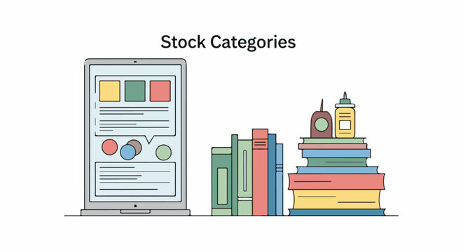 A colorful illustration of a laptop and stack of books
