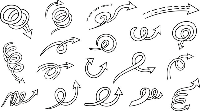 Hand drawn arrow set circular spiral and linear directional indicators