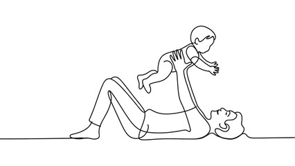 Obraz premium continuous line drawing of parent lifting baby in playful family bonding moment minimalist vector illustration