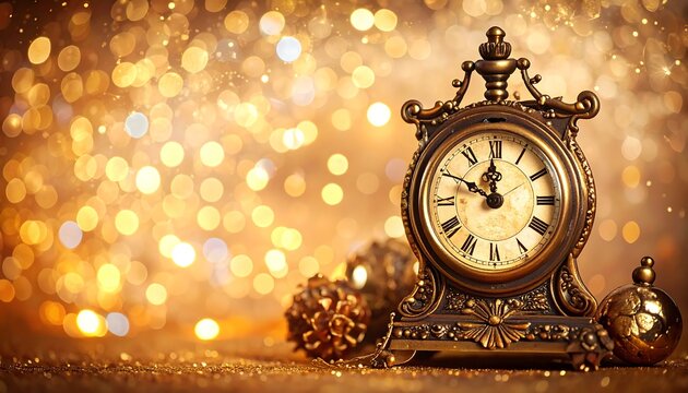 Antique Clock with Festive Gold Bokeh Background