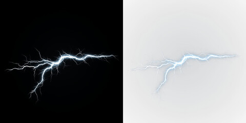 Blue and white lightning bolt striking downwards during a storm in the night sky against isolated on transparent and black background, light overlay, PNG © Liubov