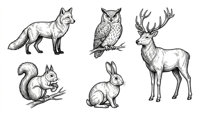 Collection of forest animal illustrations.