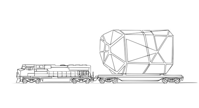 Modern locomotive pulling flatbed train car with large geometric cargo