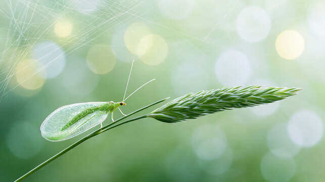 Green leafhopper resting on a slender plant stem
