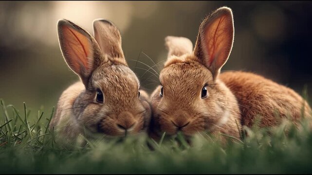 Adorable Baby Bunnies Snuggling in Green Grass Close-Up.