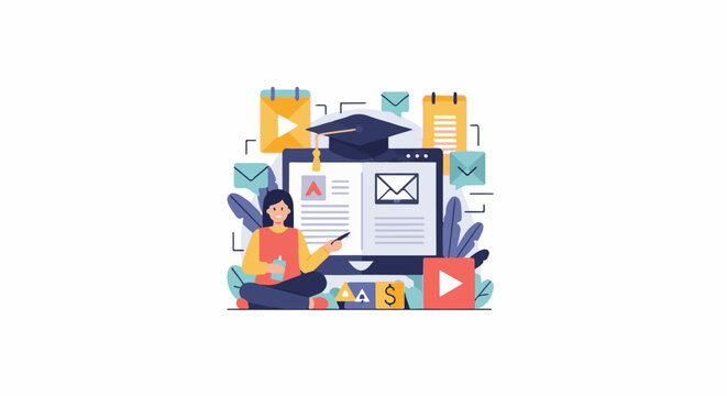 A cartoon woman surrounded by e-learning icons, sitting cross-legged