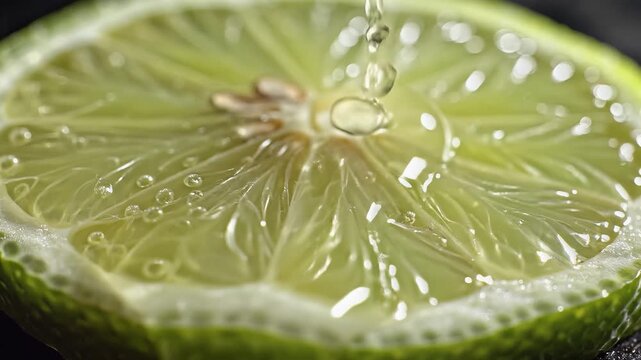 Clear liquid dripping onto vibrant green lime slice close up macro vibrant citrus fruit detail refreshing healthy ingredient food preparation concept