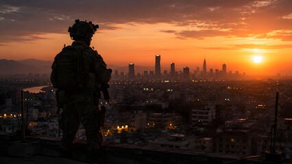 Fototapeta premium Soldier on Rooftop Watch Over City Skyline at Dusk in Silhouette with Warm Rim Light
