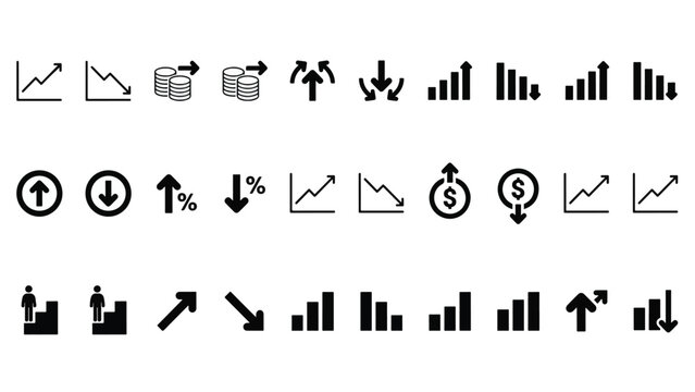 Set of black icons illustrating financial graphs, arrows, and currency symbols on a white background