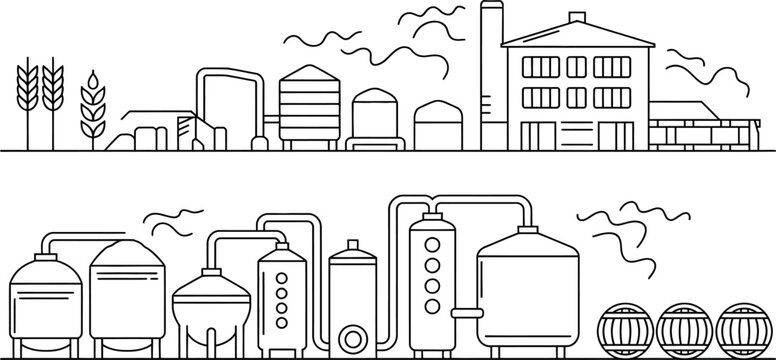 Line of a brewery plant with wheat fields tanks pipes and barrels in a simplified industrial