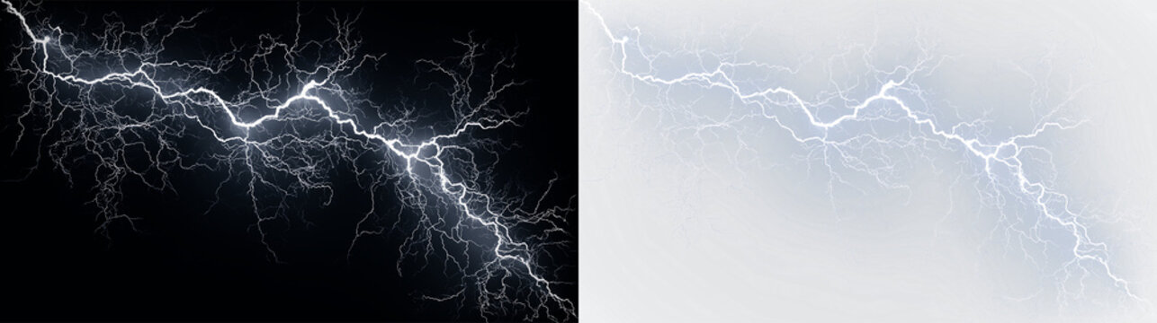Blue and white bright lightning bolt strikes across a sky at night, light overlay, PNG