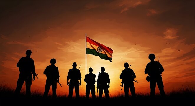 Happy independence day india soldiers with indian flag at sunset