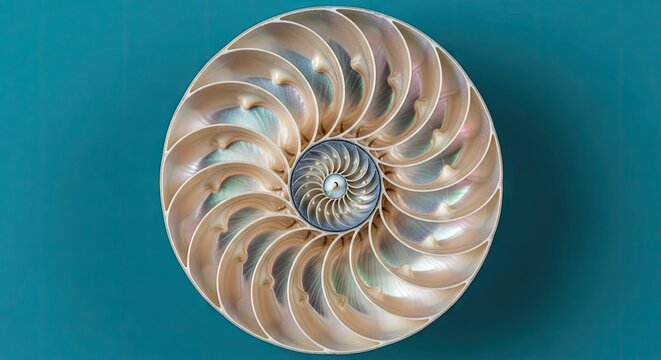 Chambered nautilus shell spiral pattern on teal blue background.