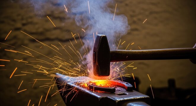 Blacksmith hitting hot iron on anvil with flying sparks