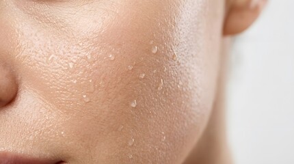 Fototapeta premium Extreme close up of sweaty human skin with water drops or sweat droplets on woman face cheek area