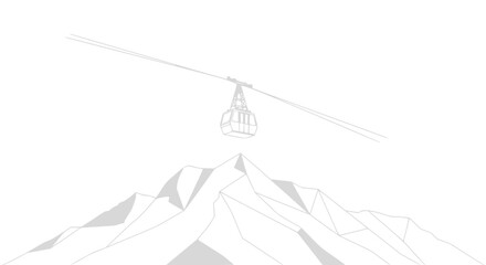 Minimalist line art of a cable car ascending a snow-capped mountain peak. © Ndak
