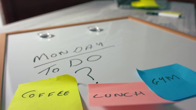 Monday morning schedule sticky notes on whiteboard