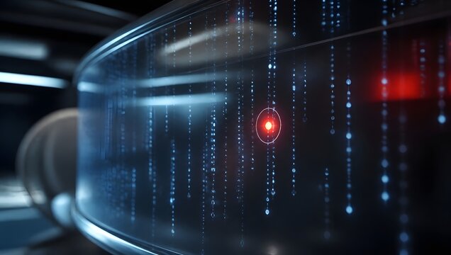 Digital Rain Abstract: A futuristic display of flowing binary code, represented by glowing blue and red particles, cascades down a sleek, reflective surface.